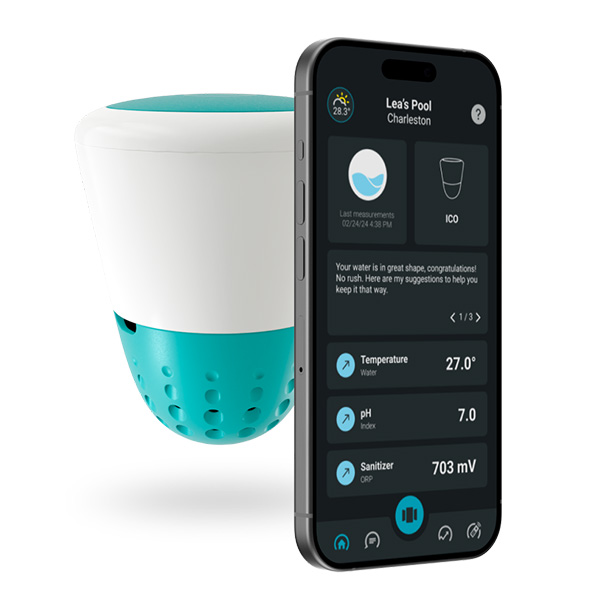 ICO Pool monitor paired with the MySmartPool iPhone app