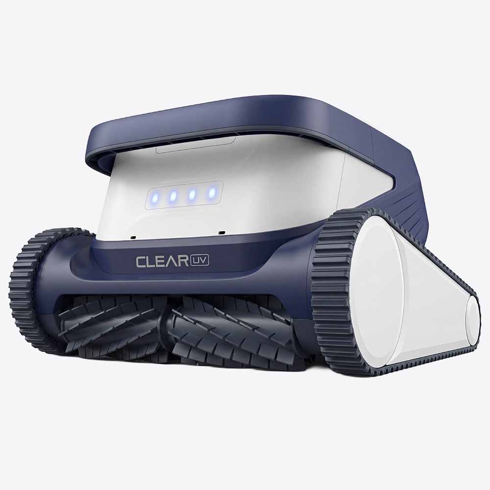Robotic pool cleaner scrubbing a sparkling pool