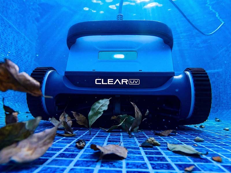 Robotic pool cleaner mapping and scrubbing the floor and walls of a backyard pool