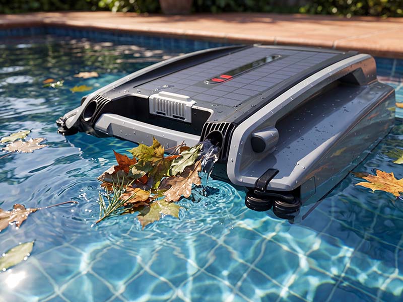 Solar-powered robotic skimmer collecting leaves and debris from a pool surface